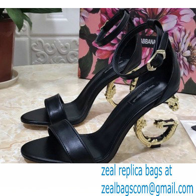 Dolce & Gabbana Heel 10.5cm Leather Sandals Black with Baroque D & G Heel 2021 - Click Image to Close